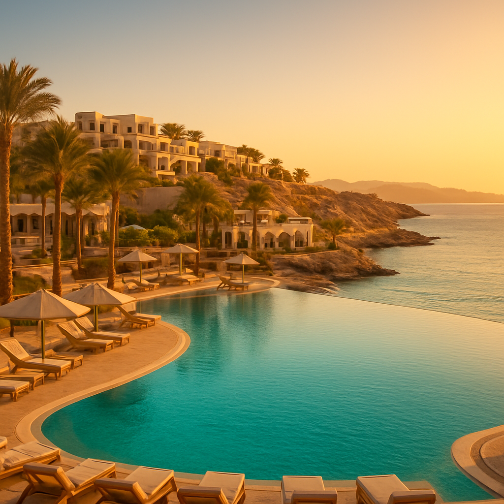 Queen Sharm Resort overlooking the turquoise Red Sea at golden hour in Sharm El Sheikh, Egypt